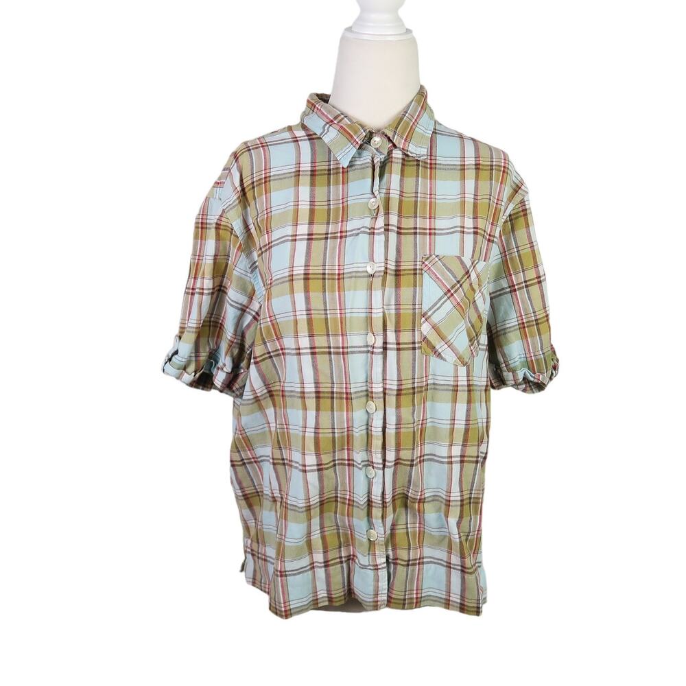 Vintage 90s Erika pastel blue and green plaid short sleeve button-down top L